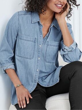 Eileen Fisher blue chambray button up shirt